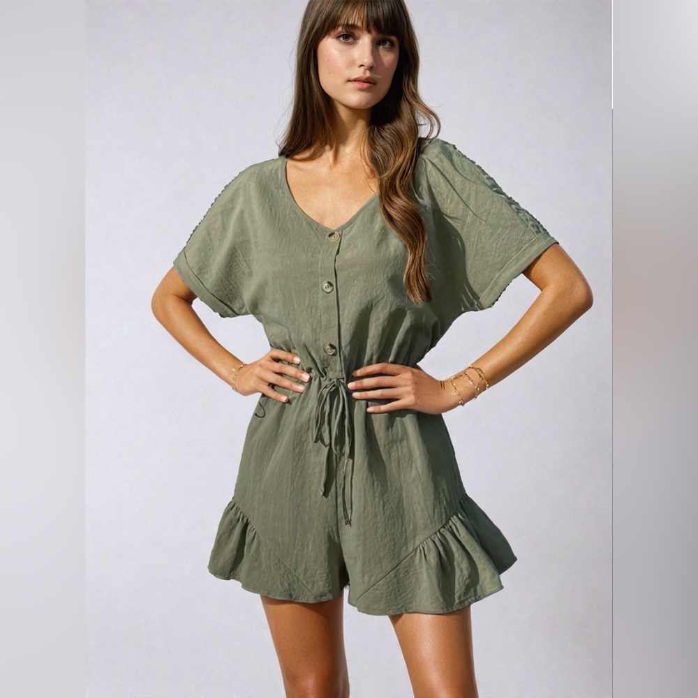 Khaki Drawstring Waist Ruffle Hem Romper - Picture 4 of 9